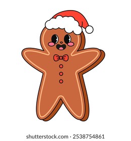 Christmas cartoon character. Cute gingerbread in trendy Retro Groovy hippie cartoon style. Hand draw vector isolated on white background. Sticker pack of comic characters.
