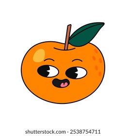 Christmas cartoon character. Cute Tangerine in trendy Retro Groovy hippie cartoon style. Hand draw vector isolated on white background. Sticker pack of comic characters.