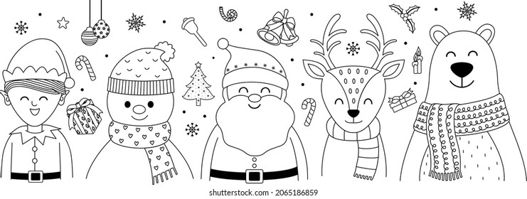 Christmas cartoon character design in outline style. Merry christmas and happy new year. Vector illustration.