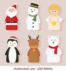 Christmas cartoon character design. Vector of animals and characters for Christmas. Santa Claus, Snowman, Angel, Penguin, Reindeer, and Polar bear characters. Silhouettes isolated on background.