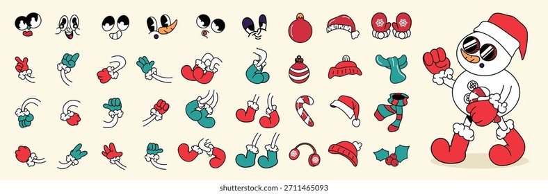 Navidades de dibujos animados elemento de carácter de Ilustración vectorial con caras expresivas, manos, brazos, piernas, accesorios de invierno, piezas de muñeco de nieve y decoraciones festivas de vacaciones. 