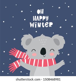 Christmas cartoon character koala. Print for baby winter party. Vector print with baby koala