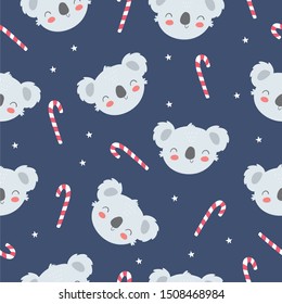 Christmas cartoon character koala. Print for baby winter party. Vector print with baby koala seamless pattern