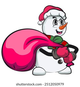 christmas cartoon character mascot of a snowman carrying a large bag of gifts, work of handmade