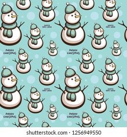 Christmas cartoon character. Seamless vector pattern with Cute snowman. New year design. Template for wrapping and fabric.