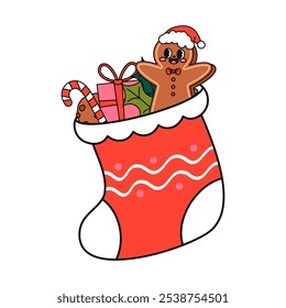 Christmas cartoon character. A sock with sweets in trendy Retro Groovy hippie cartoon style. Hand draw vector isolated on white background. Sticker pack of comic characters.