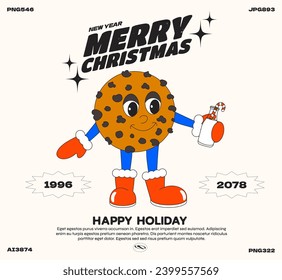 Christmas cartoon characters 90s poster. Chocolate cookies funny colorful characters in doodle style with gloved hands. Vector groovy illustration with typography