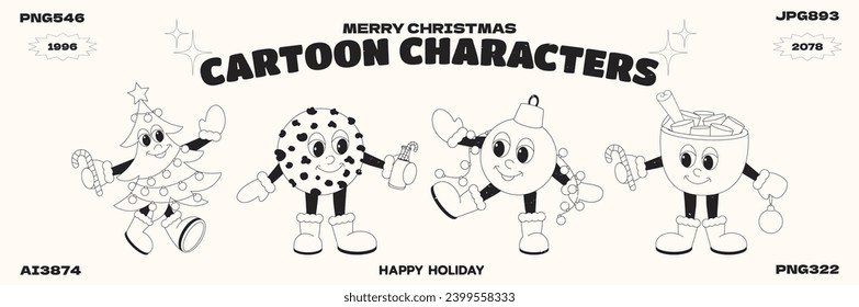 Christmas cartoon characters 90s poster.Christmas tree, cookie, ball, hot cocoa funny colorful set characters in doodle style with gloved hands. Vector groovy illustration with typography	