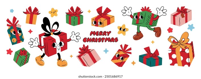 Christmas cartoon characters and elements. Colorful Christmas gift with funny styles. Holidays greeting for design, poster, print, background.
