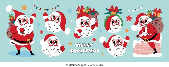 Christmas cartoon characters and elements. Cute Santa Claus  collection. Holidays greeting for design, poster, print, background.