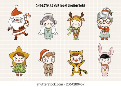 Christmas cartoon characters in hand drawn style. Funny kids illustrations
