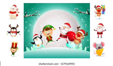 Christmas cartoon characters jumping. Can be used for invitation and greeting card. New Year concept