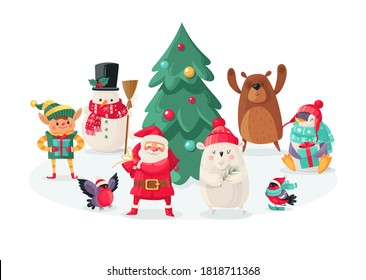 Christmas cartoon characters. New year cute animals bullfinch and polar bear, rabbit and penguin, Santa Claus and snowman, elf and squirrel, holiday tree vector isolated objects for design