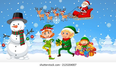 Christmas cartoon characters on snowy blue background illustration