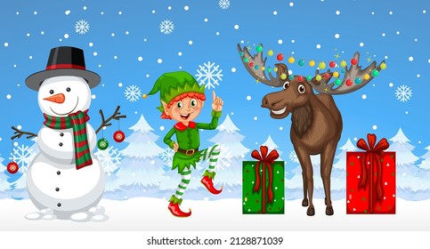 Christmas cartoon characters on snowy blue background illustration