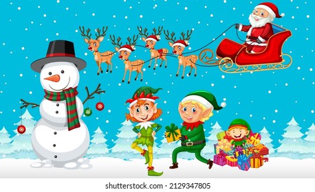 Christmas cartoon characters on snowy blue background illustration