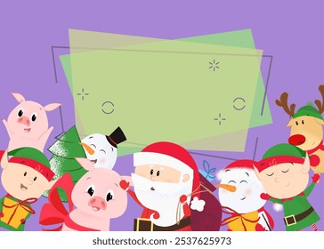 Christmas cartoon characters postcard design. Santa Claus, elf, piglet, deer and snowman on white background. Can be used for postcards, invitations, greeting cards