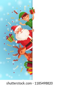 Christmas cartoon characters. Santa Claus, xmas elf character and reindeer with red nose sidebar friends, winter gift signboard for letter or greeting card vector background