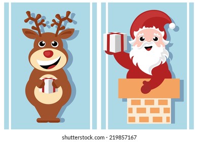 christmas cartoon characters - santa claus and reindeer