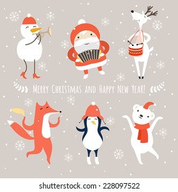 Christmas cartoon characters, santa claus, snowman, deer, bear, fox, pinguin vector set. Merry Christmas and holidays wish Vector illustration. 