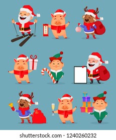 Christmas cartoon characters, set of nine illustrations. Santa Claus, cute piggy, Santa helper Elf and funny deer. Lettering translates as Happy New Year. Stock vector