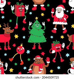 Christmas cartoon characters. Set of vector comic illustrations with snowman, reindeer, Santa Claus, Christmas tree and bear in trendy weird cartoon style.