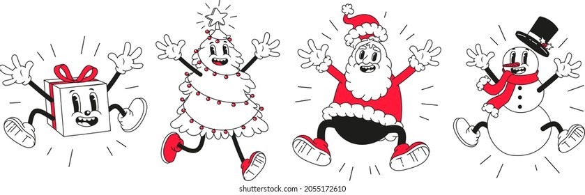 Christmas cartoon characters. Set of vector comic illustrations with snowman, Santa Claus, gift and ball in trendy retro cartoon style. Merry Christmas and Happy New Year.