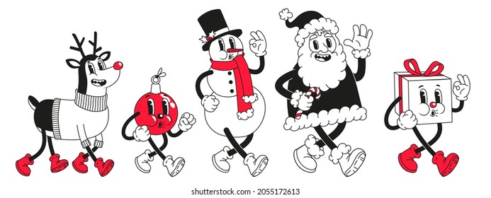 Christmas cartoon characters. Set of vector comic illustrations with snowman, reindeer, Santa Claus, gift and ball in trendy retro cartoon style. Merry Christmas and Happy New Year.