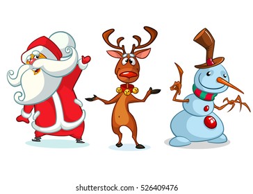 Christmas cartoon characters set. Vector illustration of Christmas reindeer, snowman and Santa Claus