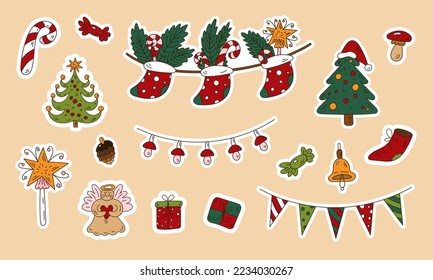 Christmas cartoon collection of stickers with decor elements. Cute doodle Christmas tree, garland, gingerbread angel