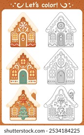 Navidades de dibujos animados para colorear página de libro para niños. Hoja de actividades de vacaciones de invierno con casas de pan de jengibre decoradas. Página de trabajo educativo en blanco y negro con un ejemplo colorido. Ilustración vectorial.