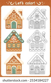 Christmas cartoon coloring book page for children. Winter holiday activity sheet with decorated gingerbread houses. Black and white educational work page with colorful example. Vector illustration.