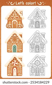 Christmas cartoon coloring book page for children. Winter holiday activity sheet with decorated gingerbread houses. Black and white educational work page with colorful example. Vector illustration.