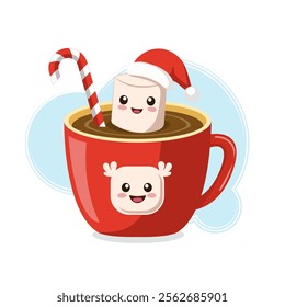 Christmas cartoon cup of coffee with marshmallow wearing santa cap  vector illustration.