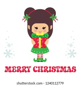 christmas cartoon cute elf with сhristmas gift and christmas text