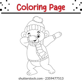 Christmas cartoon dabbing dance polar bear with winter clothing. Black and white vector illustration for coloring book