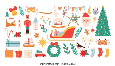 Christmas cartoon decorations and toys. New year and merry xmas decor elements, nutcracker, mistletoe, socks and santa stickers vector set. Illustration decoration christmas and toy to gift