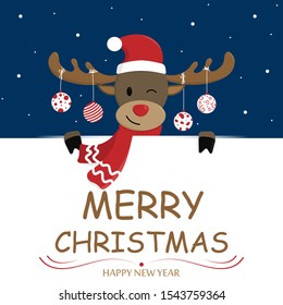 Christmas cartoon deer, (moose). Merry Christmas and Happy New Year. Vector illustration. Background. Wallpaper.