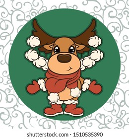 Christmas cartoon deer in scarf, boots and mittens vector image. Cute Reindeer in Christmas. Merry Christmas greeting card with fun deer. New Year's poster. Santa Claus’s friend.