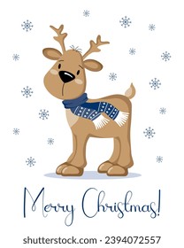 Christmas cartoon deer in a scarf on a white background of snowflakes. Christmas card, print, vector