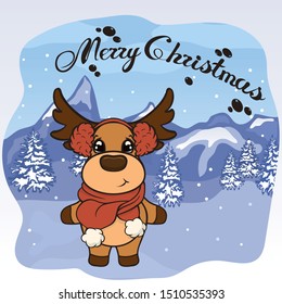 Christmas cartoon deer in scarf and red fur headphones vector image. Cute Reindeer in Christmas. Merry Christmas greeting card with fun deer. New Year's poster. Santa Claus’s friend.