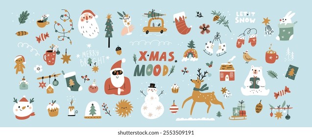 Christmas cartoon design elements illustration. Creative New Year design elements for cards, posters, textile, banners, print. Winter holidays stickers set. Christmas design collection 