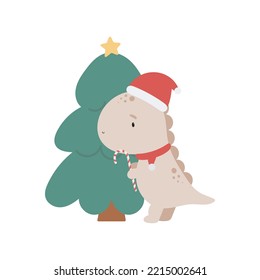 Christmas cartoon Dinosaur. Vector print on the white background. For kids stuff, card, posters, banners, children books, printing on the pack, clothes, fabric, wallpaper, textile or dishes.