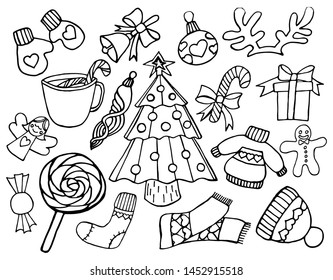 Christmas cartoon elements set. Deer horns, gifts, Christmas tree, sweets, balls and other Christmas symbols. Cute icons for Christmas and new year decorations. Black line on white background.  Vector