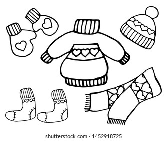 Christmas cartoon elements set.Hat, scarf, mittens and socks on the Christmas theme. Cute icons for Christmas and new year decorations. Black line on white background. - Vector graphics