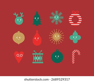 Elementos de desenhos animados de Natal neve, veado, brinquedo, árvore, floco de neve, círculo, coração, tambor, doce desenho em bonito estilo sorridente com cor no fundo vermelho