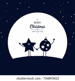 Christmas cartoon figure wave winter night big moon stars background