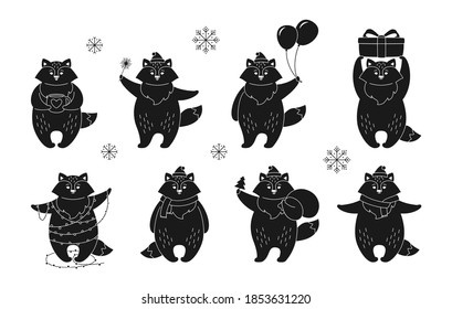 Christmas cartoon fox black glyph set. New Year red foxes silhouette collection. Animal character with santa hat, with gift box and santa bag or garland. Forest Christmas animal on white background