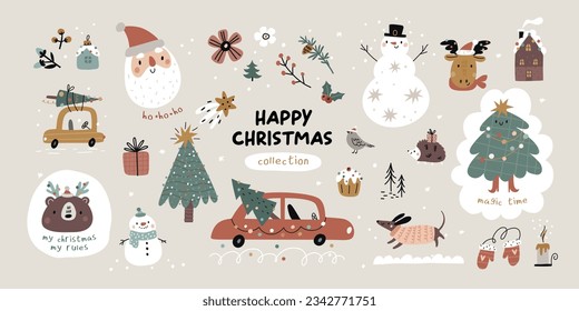 Christmas cartoon funny and cute flat illustration. Traditional New Year design elements. Winter holidays stickers set. Christmas collection: Santa, Snowman, gifts, car, tree, flowers, animals