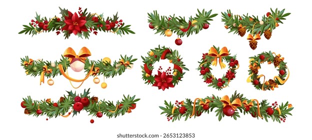 Christmas cartoon garland set with pine branch decorations - festive wreaths and borders with poinsettia flowers, holly berries, golden ribbons, pinecones and baubles for holiday greeting card design